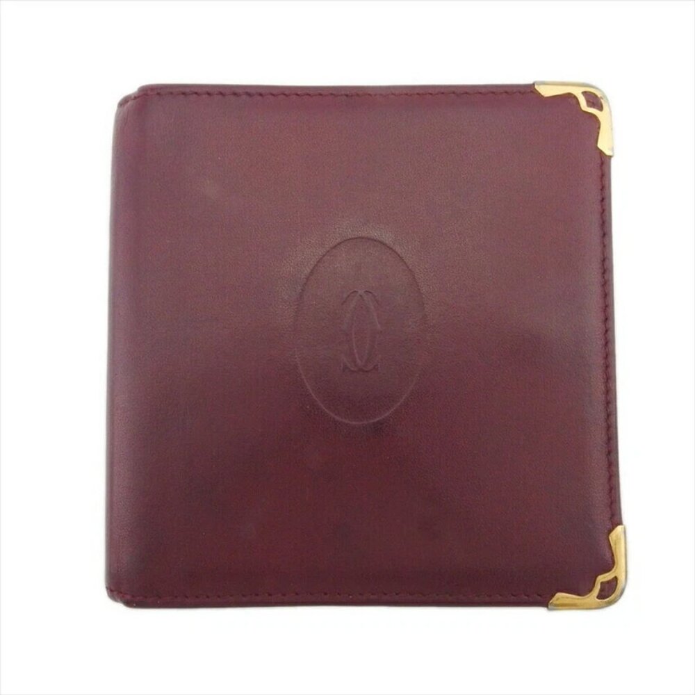 CARTIER Bi -fold Wallet Mastrin Bordeaux Leather Authentic USED
